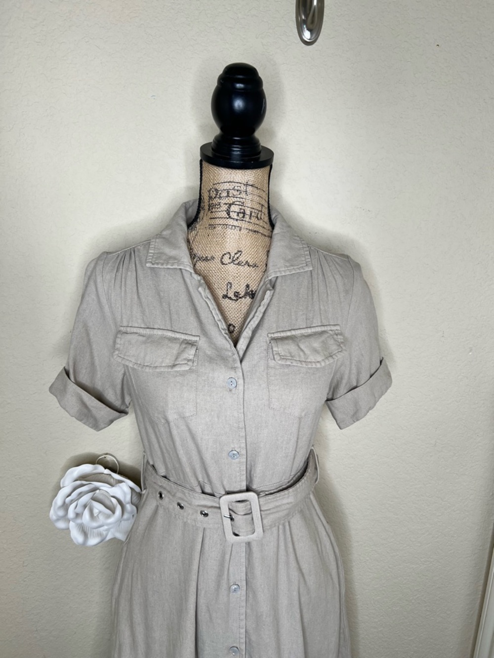 NTM Tahari Linen Blend Shirt Dress Belted Button Front Taupe XS Midi Pockets - Picture 3 of 16